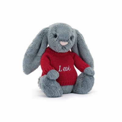 Jellycat Bashful Dusky Blue Bunny with Red Jumper New Zealand | MCERV7589